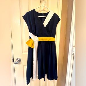 NWT EZPOPSY size medium navy mini dress with yellow and white at waist and neck